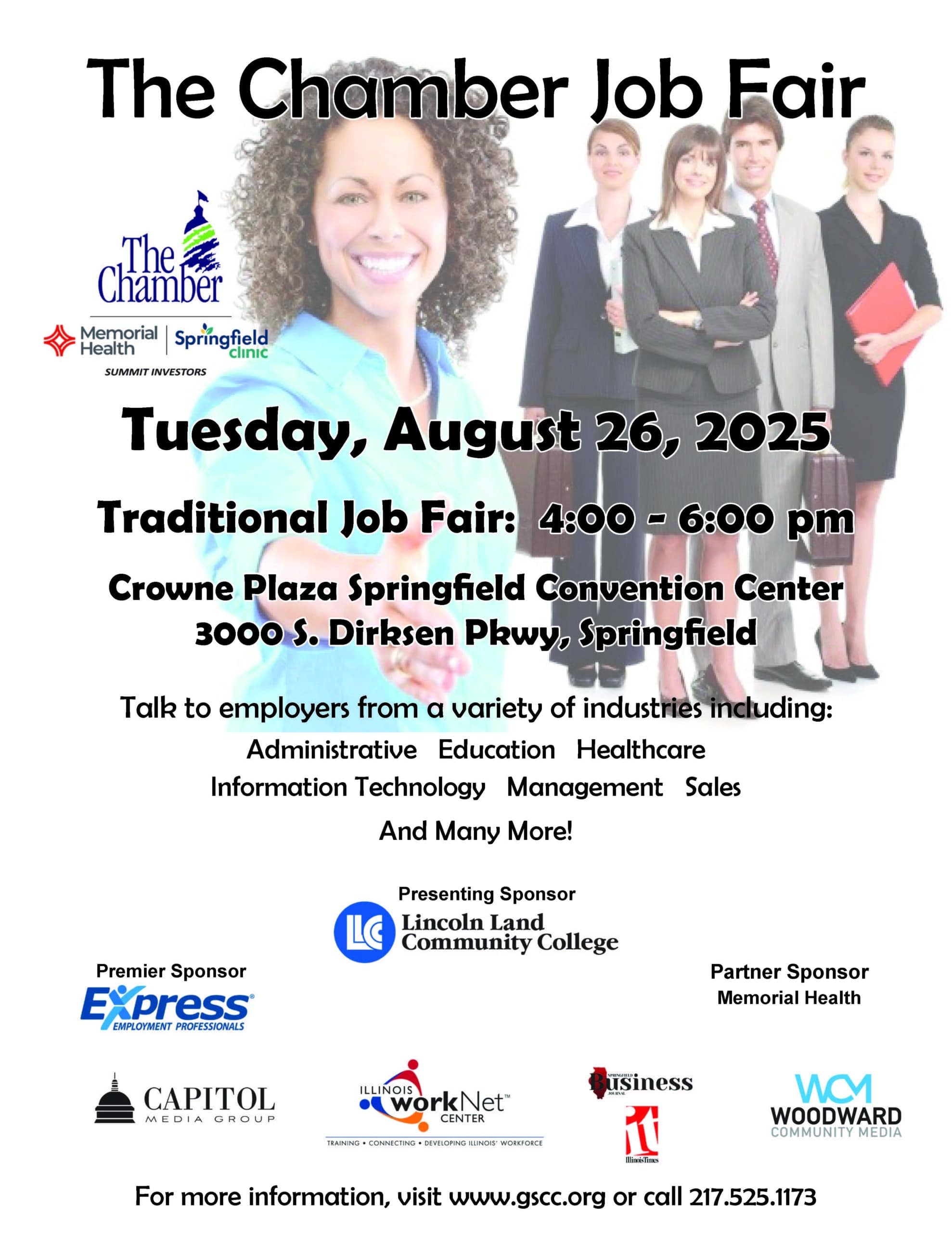 Flyer for the Springfield Illinois Greater Chamber of Commerce Fall Job Fair. Job Fair will be held at the Crowne Plaza convention center from 4 to 6 p.m. on Tuesday, August 26th.
