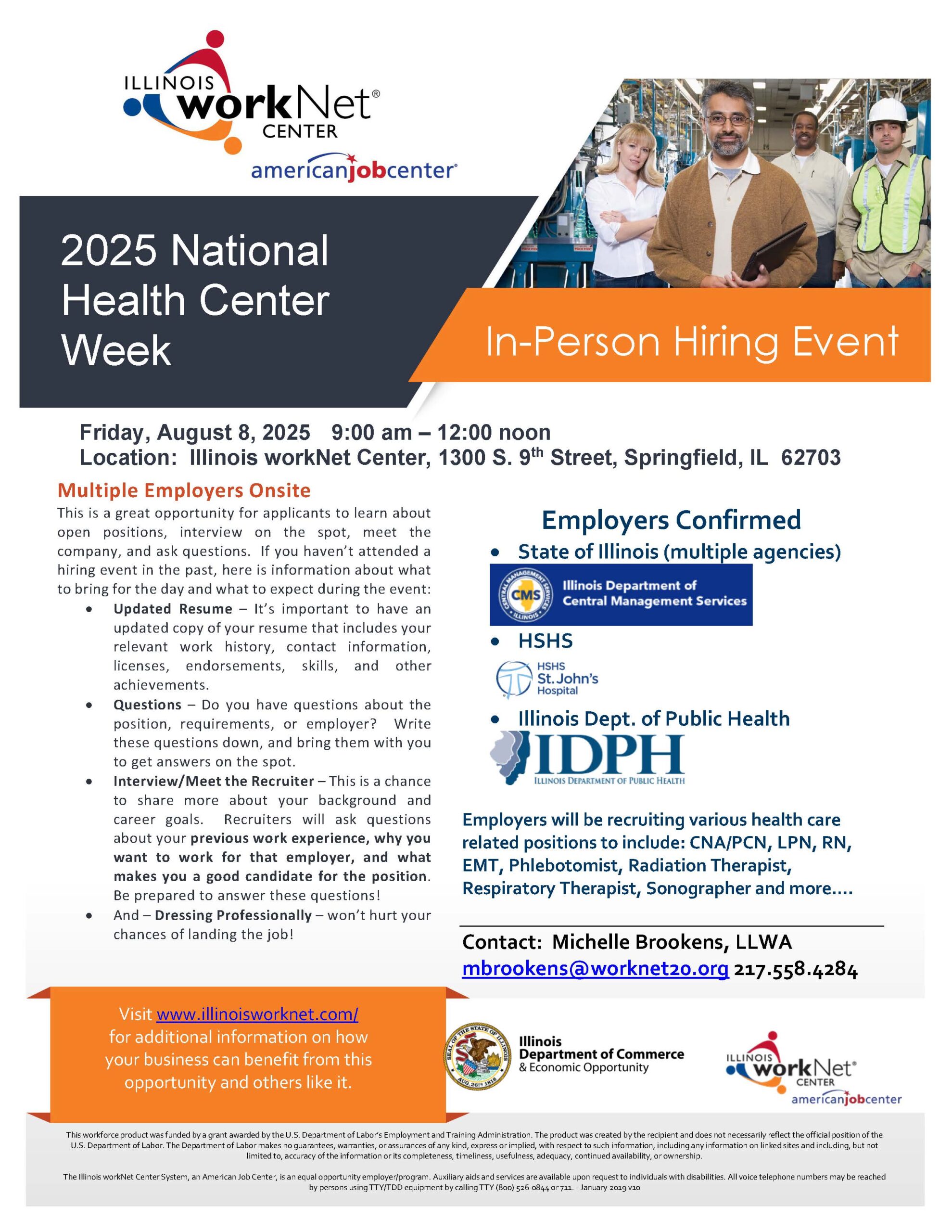 Hiring event flyer for 2025 National Health Center Week. Event will be held on August 8 2025 at 1300 South 9th Street, Springfield, IL.